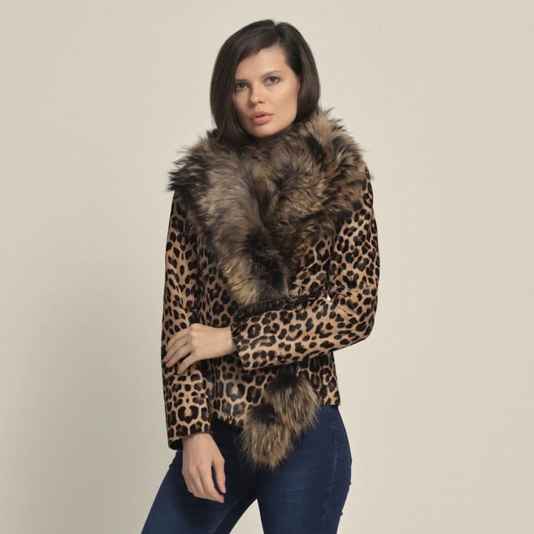 Rouge Kürklü Leopar Desenli Kadın Deri Mont