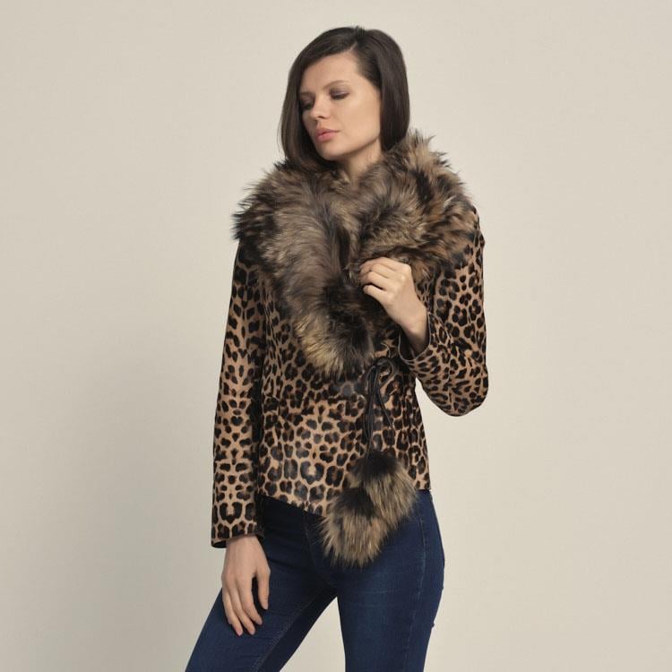 Rouge Kürklü Leopar Desenli Kadın Deri Mont