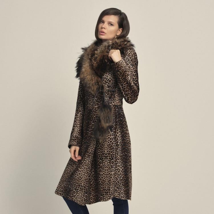 Rouge Kürklü Leopar Desenli Kadın Deri Mont