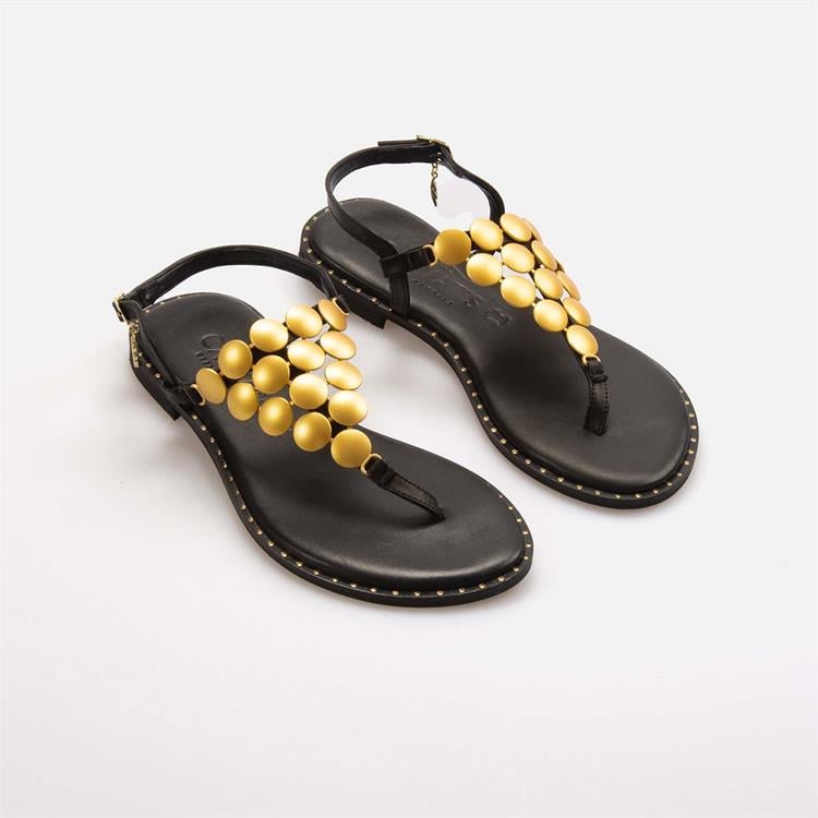 Caryatis Kadın Siyah-Altın Sarısı Sandalet 