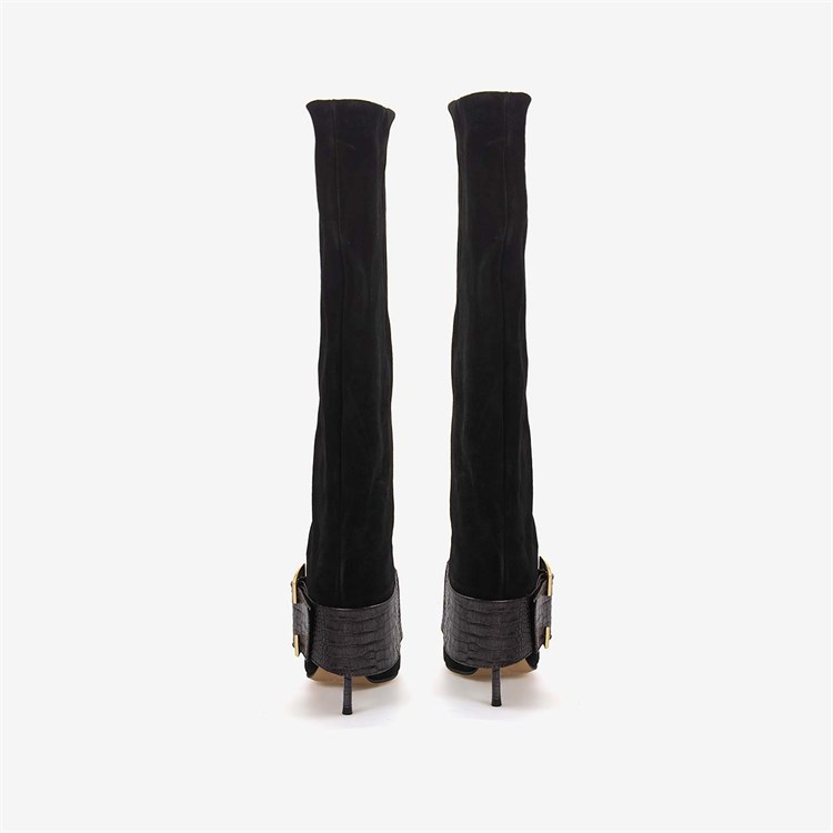 Hawen Angels Kadın Hakiki Süet Deri Kemer Tokalı 10cm İnce Topuklu Çizme 28578