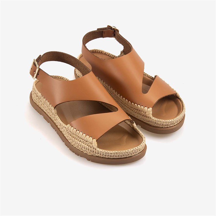 Hawen Angels Kadın Hasır Örgü 3cm Kauçuk Tabanlı Deri Sandalet 4003