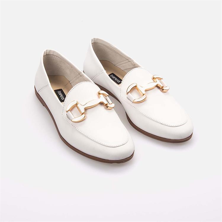 Kemal Tanca Kadın Hakiki Deri Kauçuk Taban Beyaz Loafer Konforlu Babet