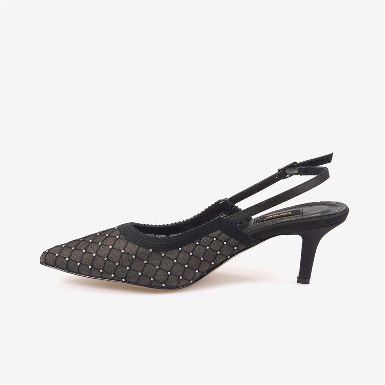Kemal Tanca Kadın Slingback Fileli Taş Detaylı 7,5cm Siyah Topuklu Ayakkabı 2275