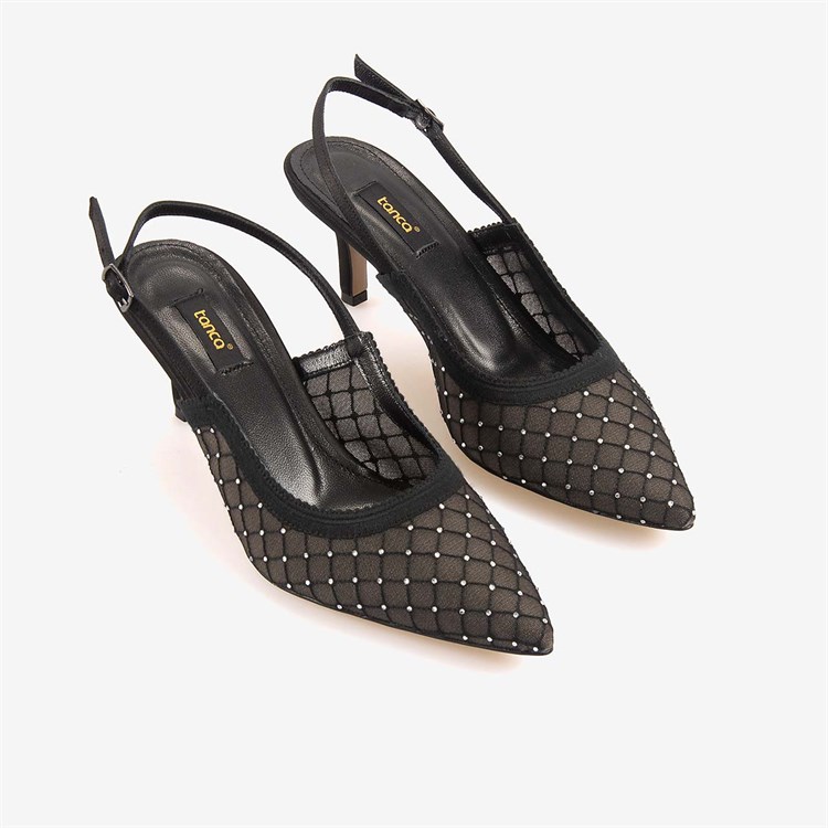 Kemal Tanca Kadın Slingback Fileli Taş Detaylı 7,5cm Siyah Topuklu Ayakkabı 2275