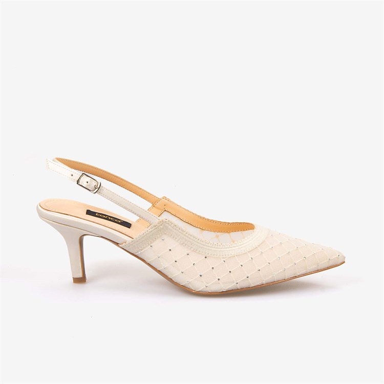 Kemal Tanca Kadın Slingback Fileli Taş Detaylı 7,5cm Bej Topuklu Ayakkabı 2275