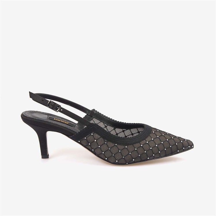 Kemal Tanca Kadın Slingback Fileli Taş Detaylı 7,5cm Siyah Topuklu Ayakkabı 2275