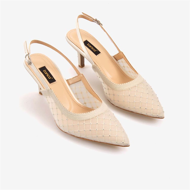Kemal Tanca Kadın Slingback Fileli Taş Detaylı 7,5cm Bej Topuklu Ayakkabı 2275