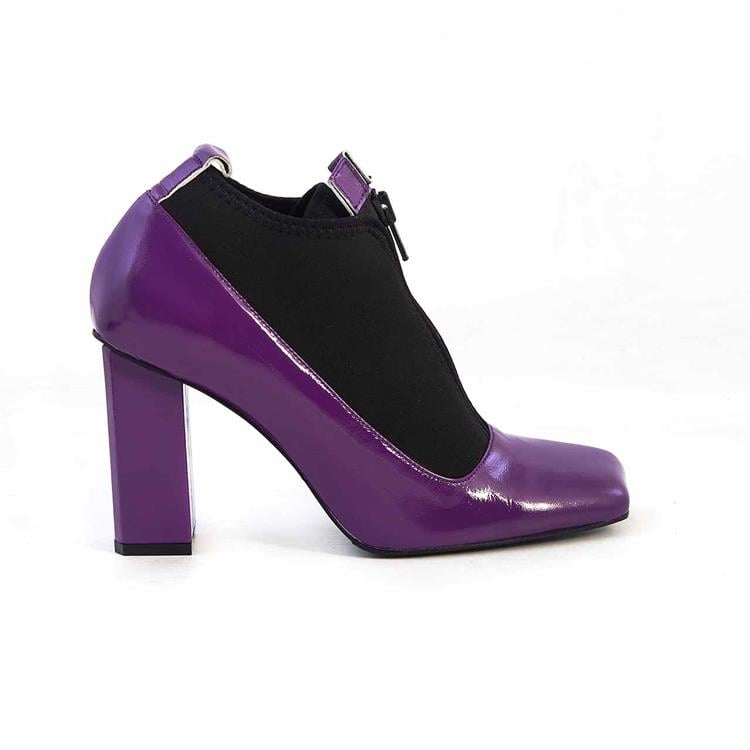 Mocassini Kadın Rugan Deri Eva Taban Siyah-Mor Topuklu Ayakkabı