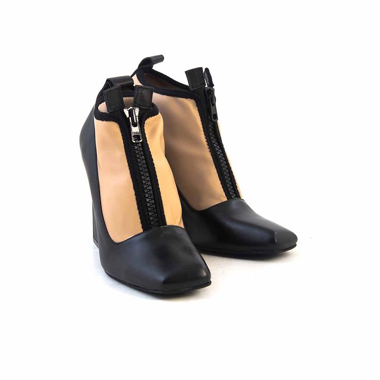 Mocassini Kadın Rugan Deri Eva Taban Siyah-Bej Topuklu Ayakkabı