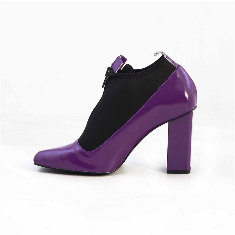 Mocassini Kadın Rugan Deri Eva Taban Siyah-Mor Topuklu Ayakkabı