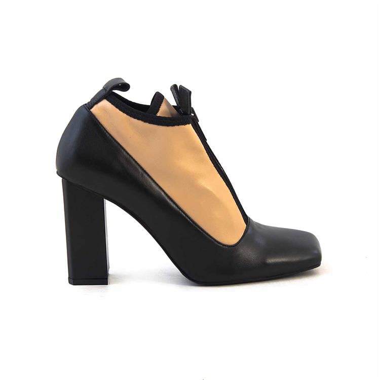 Mocassini Kadın Rugan Deri Eva Taban Siyah-Bej Topuklu Ayakkabı