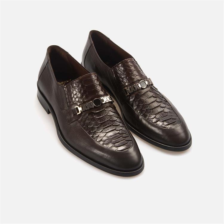 Mocassini Gold Erkek Hakiki Piton Enjeksiyon Kösele Taban Kahverengi Klasik Ayakkabı