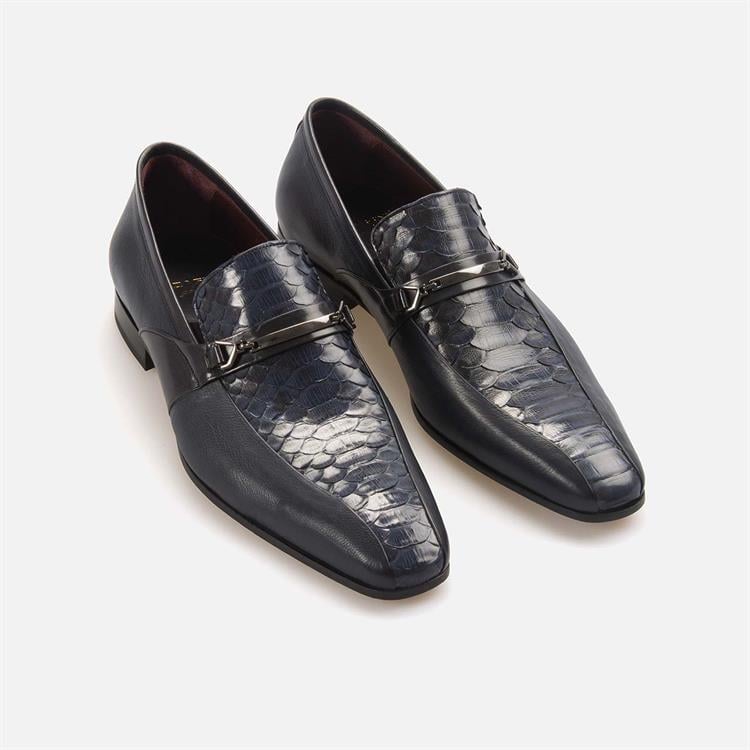 Mocassini Gold Erkek Hakiki Piton Enjeksiyon Kösele Taban Lacivert Klasik Ayakkabı