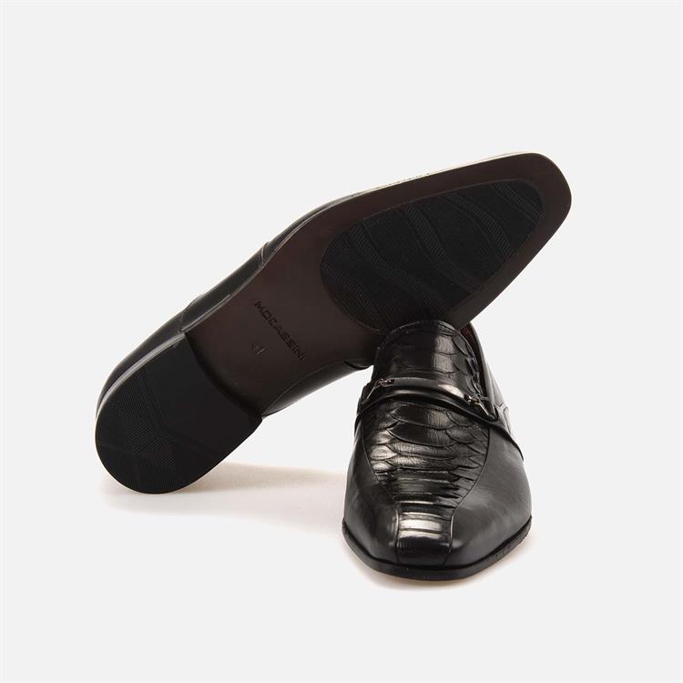 Mocassini Gold Erkek Hakiki Piton Enjeksiyon Kösele Taban Siyah Klasik Ayakkabı