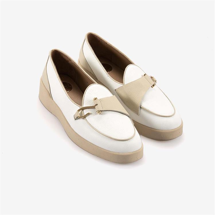 Mocassini Hakiki Deri Kadın Günlük Beyaz-Bej Ayakkabı 7700