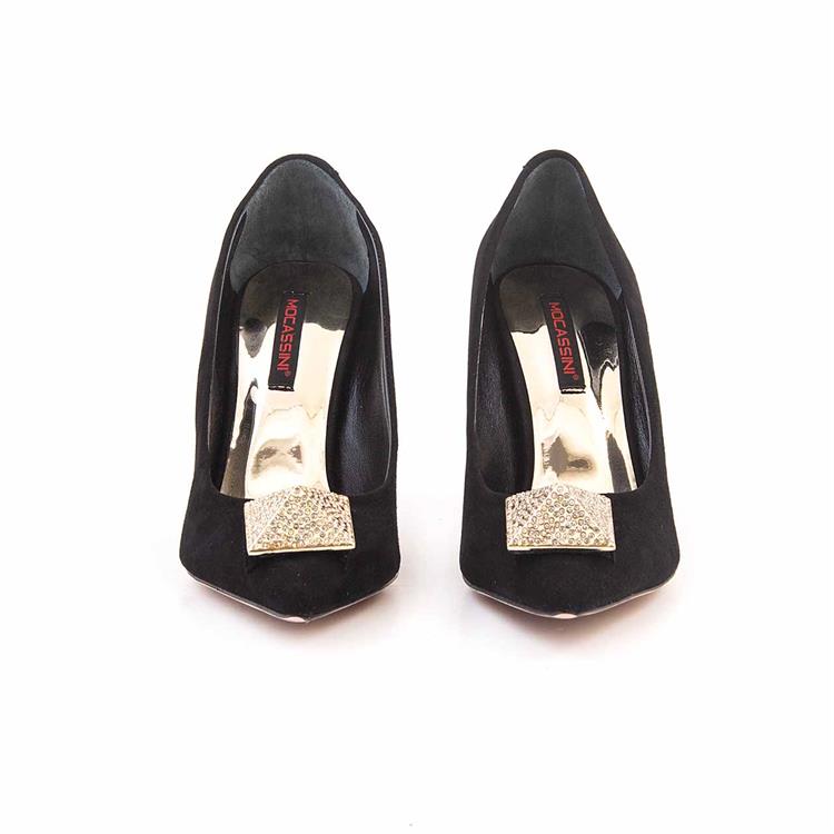 Mocassini Kadın Hakiki Deri Kösele Taban Siyah Süet Gece & Abiye Bot