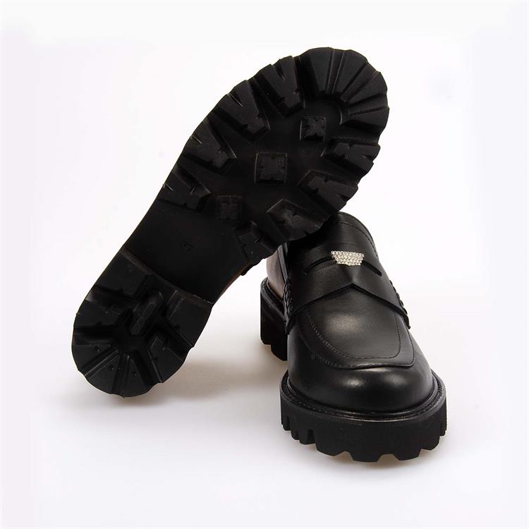 Mocassini Kadın Hakiki Deri Kösele Taban Siyah-Frappe Günlük Ayakkabı