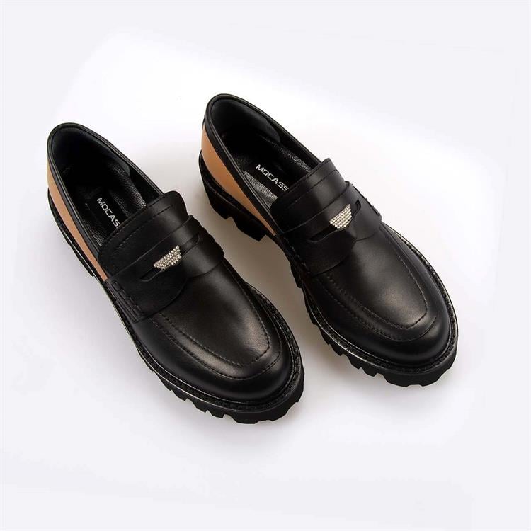 Mocassini Kadın Hakiki Deri Kösele Taban Siyah-Frappe Günlük Ayakkabı