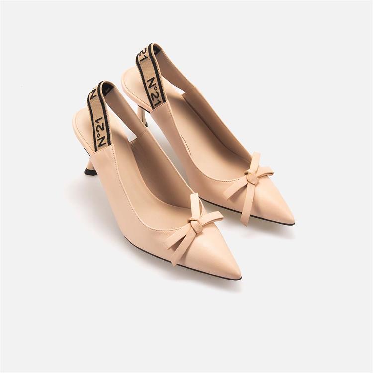 No21 Kadın Hakiki Deri Neolit Taban Bej Topuklu Ayakkabı