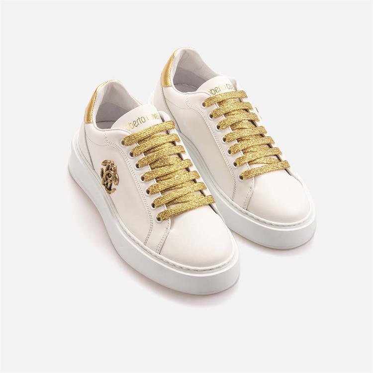 Roberto Cavalli Kadın Hakiki Deri Beyaz-Altın Sarısı Spor & Sneaker Ayakkabı