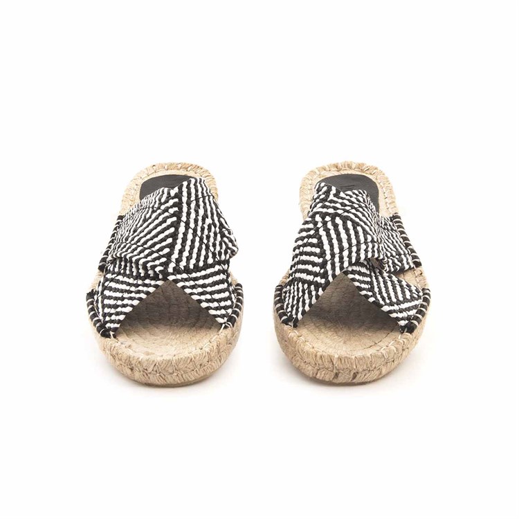 Rouge Kadın Hasır Jut Taban Siyah - Beyaz Terlik Ayakkabı