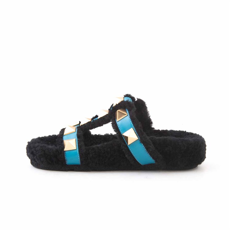 Rouge Kadın Hakiki Deri Microlight Taban Siyah Turkuaz Terlik Sandalet