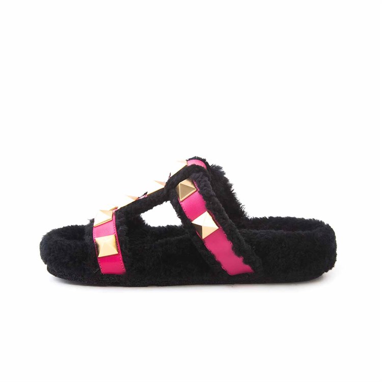 Rouge Kadın Hakiki Deri Microlight Taban Siyah-Fusya Terlik Sandalet