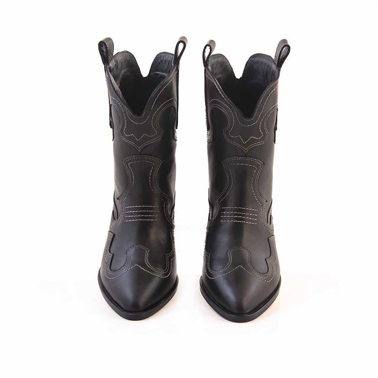 Rouge Kadın Hakiki Deri Kösele Taban Siyah-Bej Dikiş Western Bot 