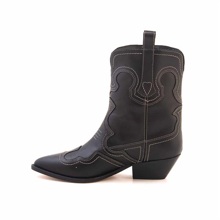 Rouge Kadın Hakiki Deri Kösele Taban Siyah-Bej Dikiş Western Bot 