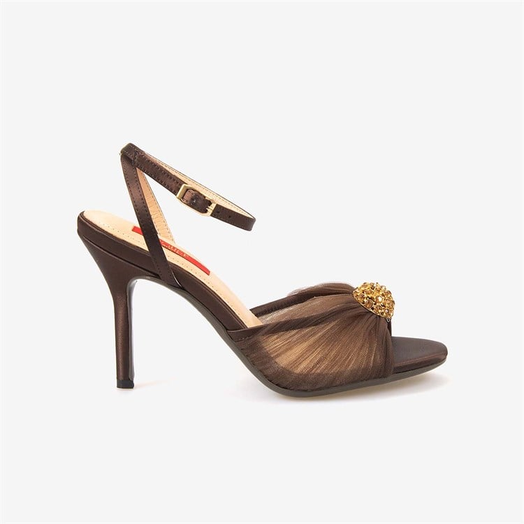 Rouge Kadın Hakiki Deri Neolit Taban 9cm Kahve Saten Gece & Abiye Ayakkabı 1112