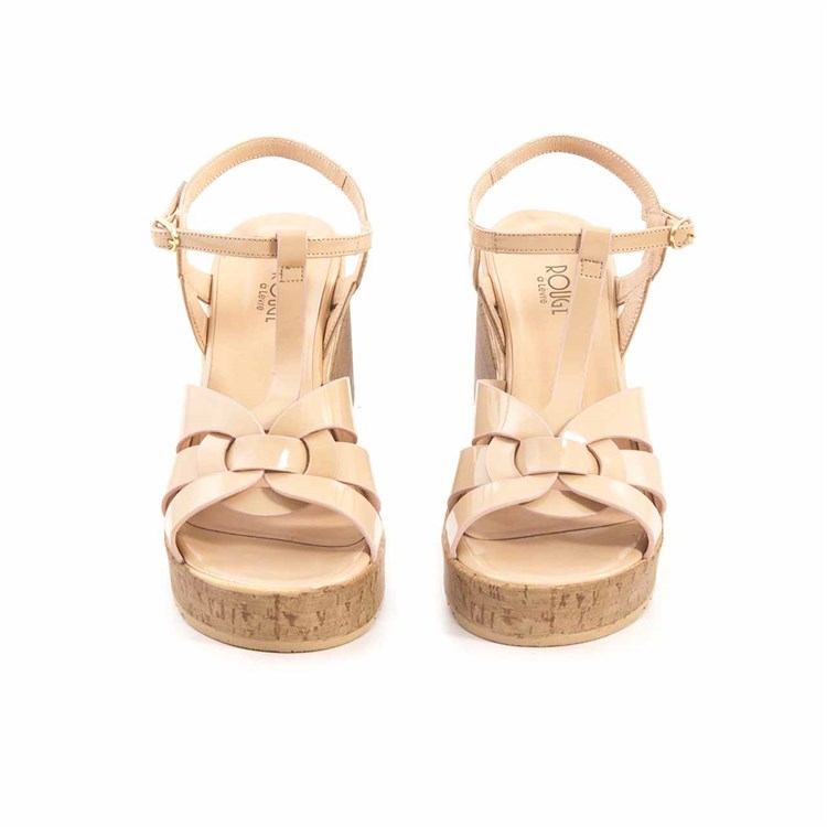 Rouge Kadın Rugan Deri Kauçuk Taban Bej Parlak Sandalet Terlik