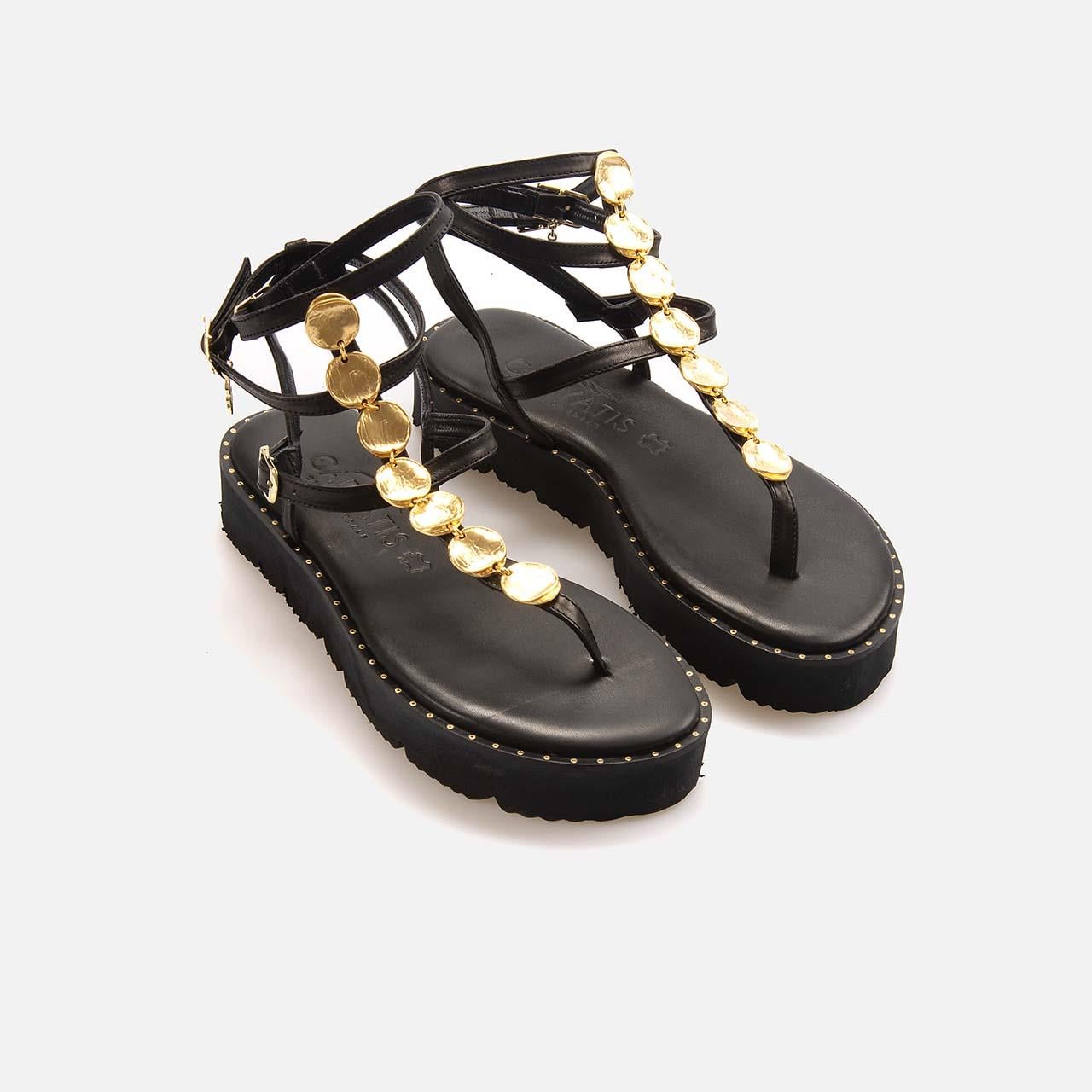 Caryatis Kadın Siyah-Altın Sarısı Sandalet 