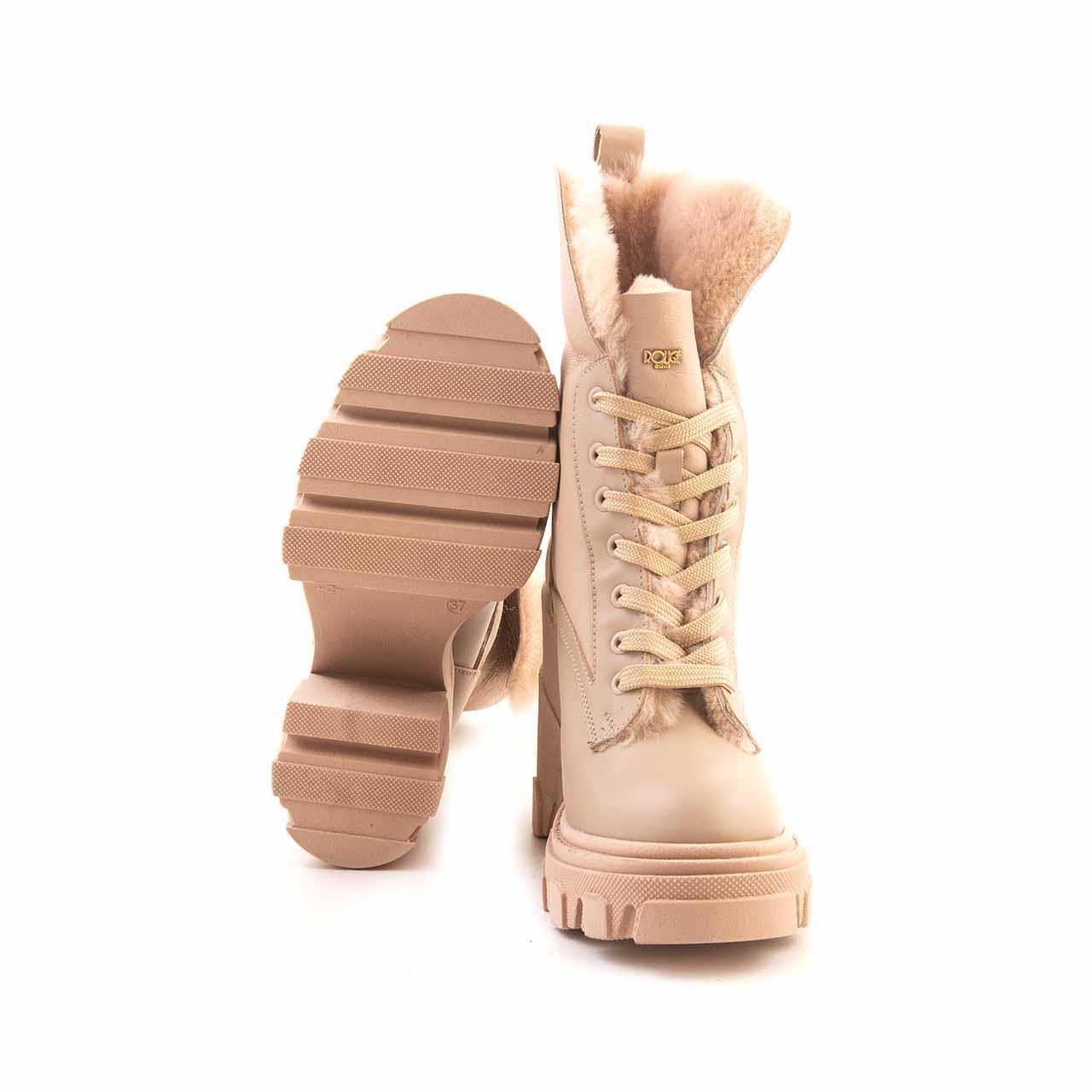 Mocassini Kadın Hakiki Deri Kauçuk Taban Bej Günlük Bot