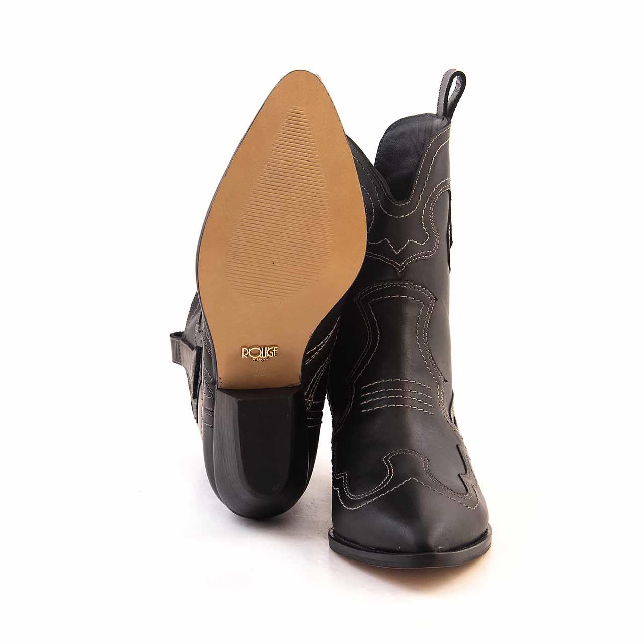 Rouge Kadın Hakiki Deri Kösele Taban Siyah-Bej Dikiş Western Bot 
