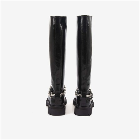 Hawen Angels Kadın 4cm Kauçuk Taban Zincir Detaylı Siyah Hakiki Deri Çizme 48426