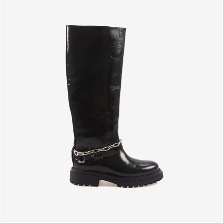 Hawen Angels Kadın 4cm Kauçuk Taban Zincir Detaylı Siyah Hakiki Deri Çizme 48426