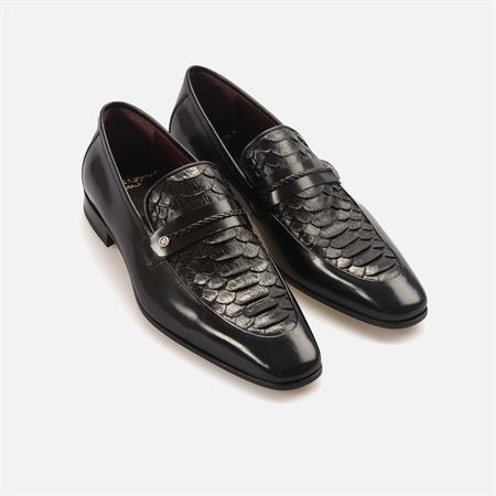 Mocassini Gold Erkek Hakiki Piton Kösele Taban Siyah Klasik Ayakkabı