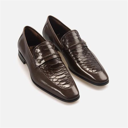 Mocassini Gold Erkek Hakiki Piton Kösele Taban Kahverengi Klasik Ayakkabı