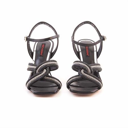 Mocassini Kadın Hakiki Deri Kösele Taban Siyah-Lame Renk Gece & Abiye Sandalet