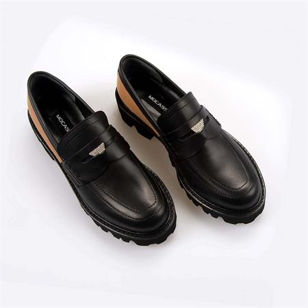 Mocassini Kadın Hakiki Deri Kösele Taban Siyah-Frappe Günlük Ayakkabı