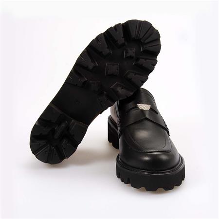 Mocassini Kadın Hakiki Deri Kösele Taban Siyah-Frappe Günlük Ayakkabı