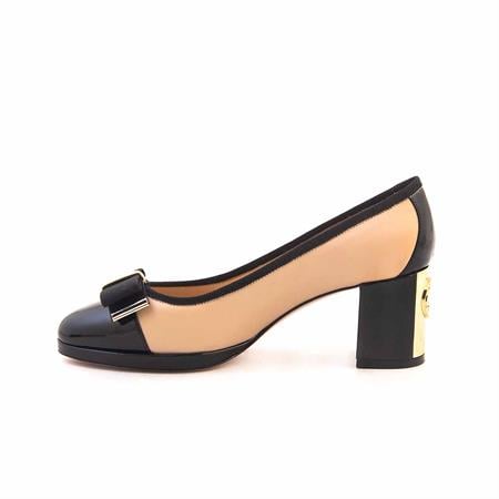 Mocassini Kadın Hakiki Deri Kösele Taban Siyah-Bej Topuklu Ayakkabı