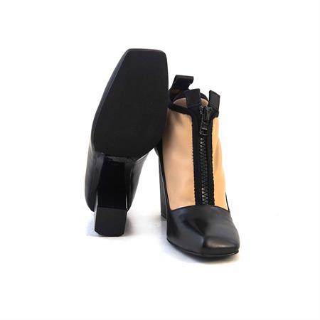 Mocassini Kadın Rugan Deri Eva Taban Siyah-Bej Topuklu Ayakkabı