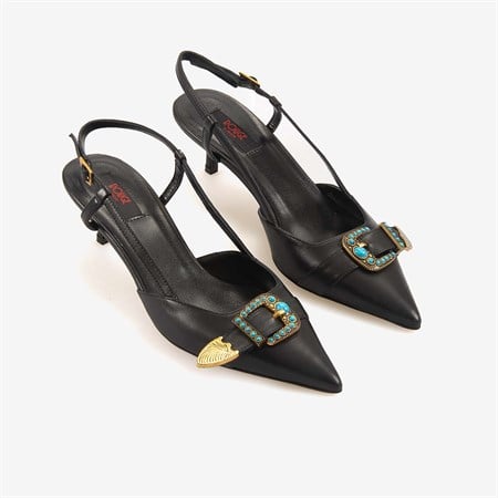 Rouge Kadın Taşlı Toka Detaylı Slingback Sivri Burun 6cm Topuklu Ayakkabı 7124