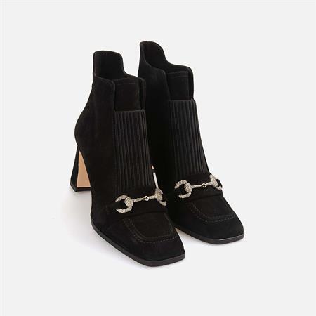 Rouge Kadın Hakiki Deri Enjeksiyon Kösele Taban Siyah Süet Topuklu Bot 