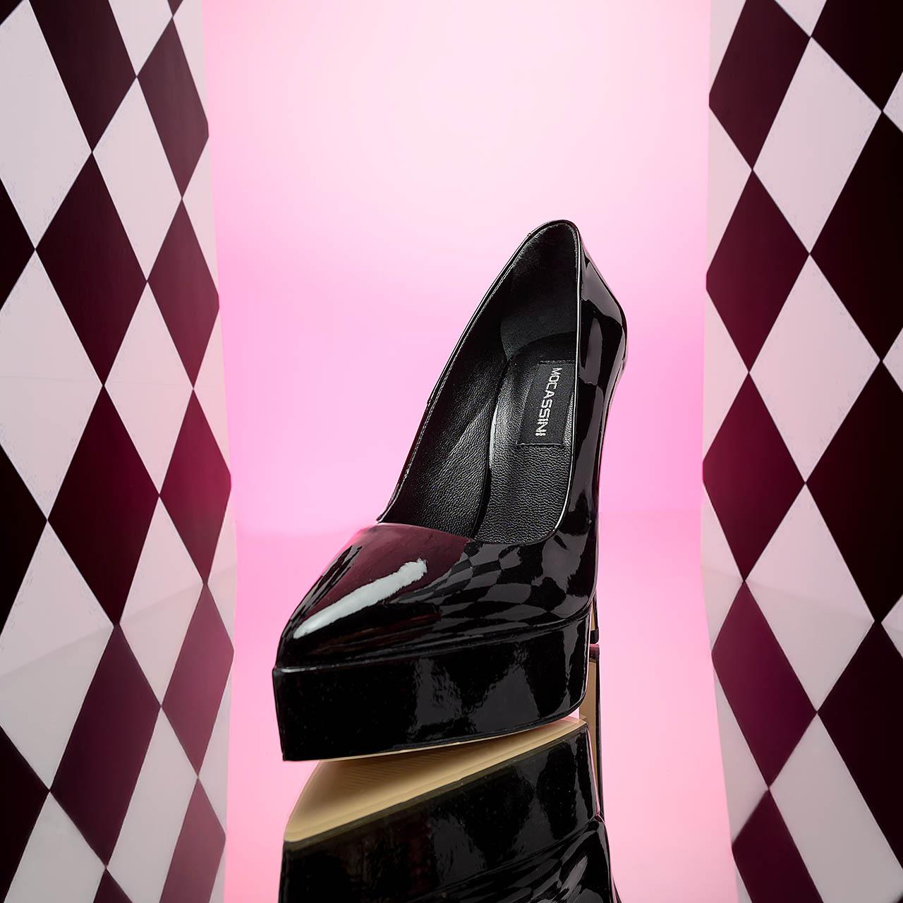 Mocassini Kadın Rugan Deri Microlight Taban Siyah Topuklu Ayakkabı