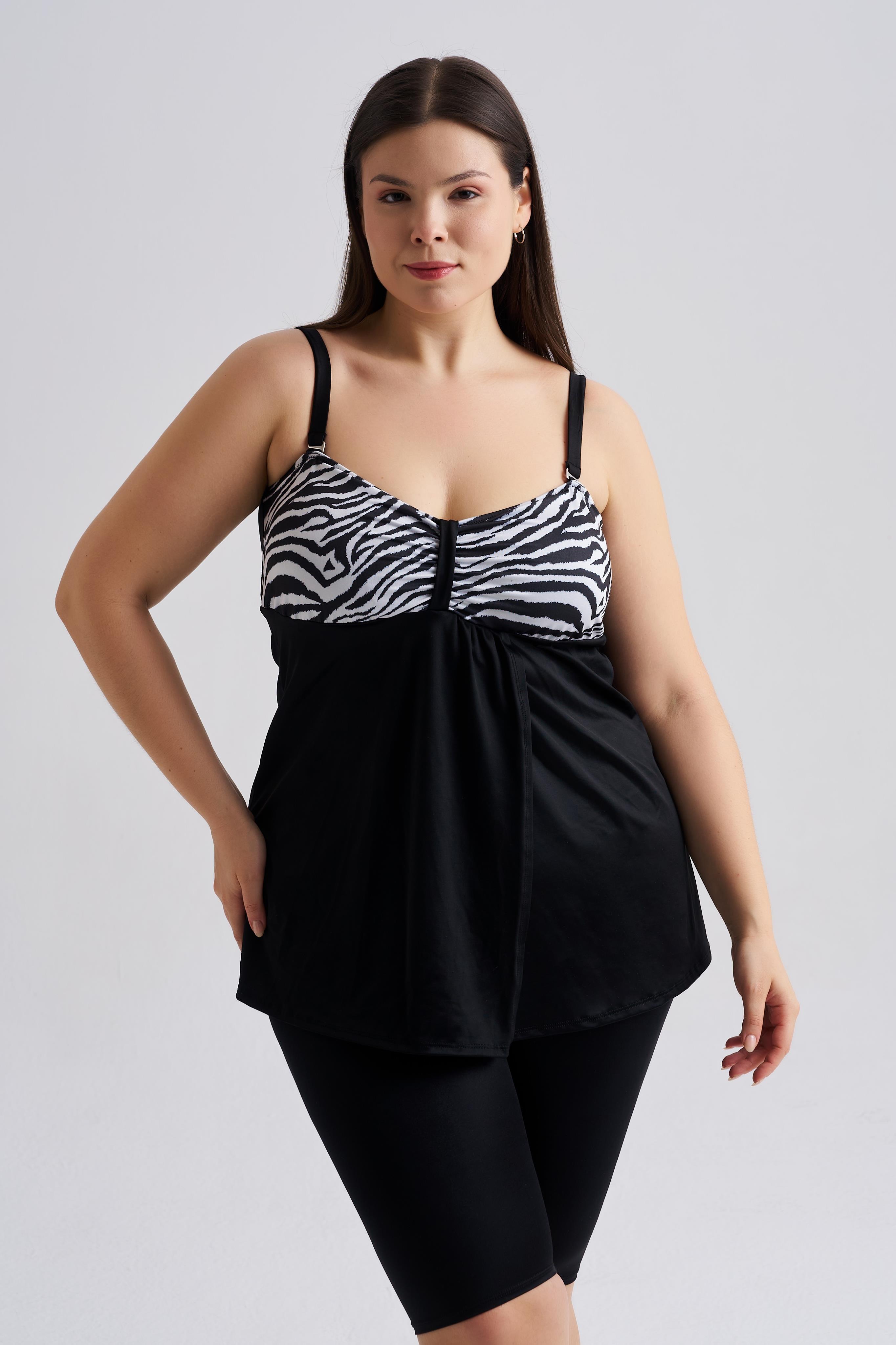 AQUAVİVA Kadın Büyük Beden Olivia Kruvaze Tankini Siyah Zebra Desen 