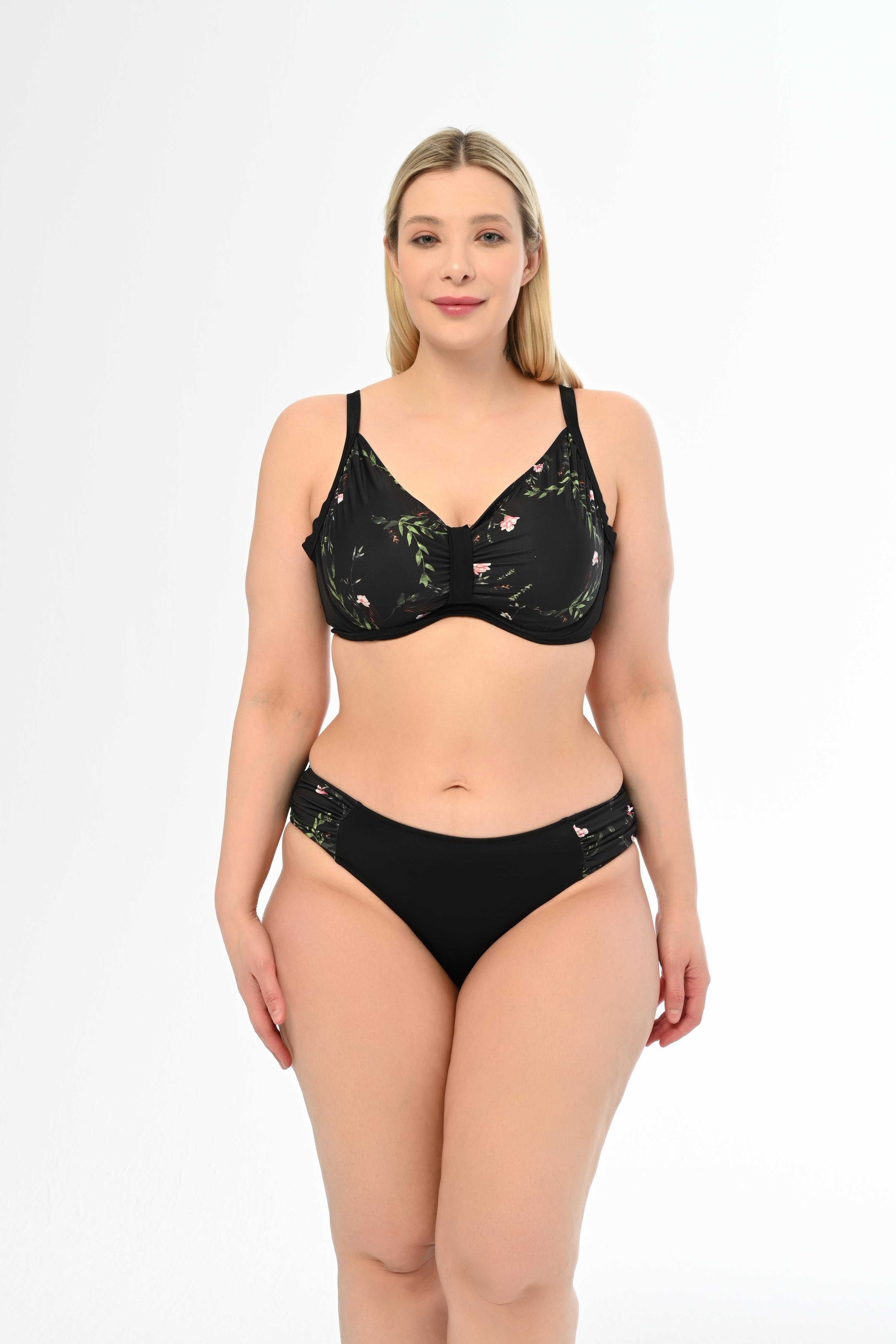 AQUAVİVA Kadın Büyük Beden Siyah Çiçek Desen Apollonia Yeni Toparlayıcı Bikini Takımı