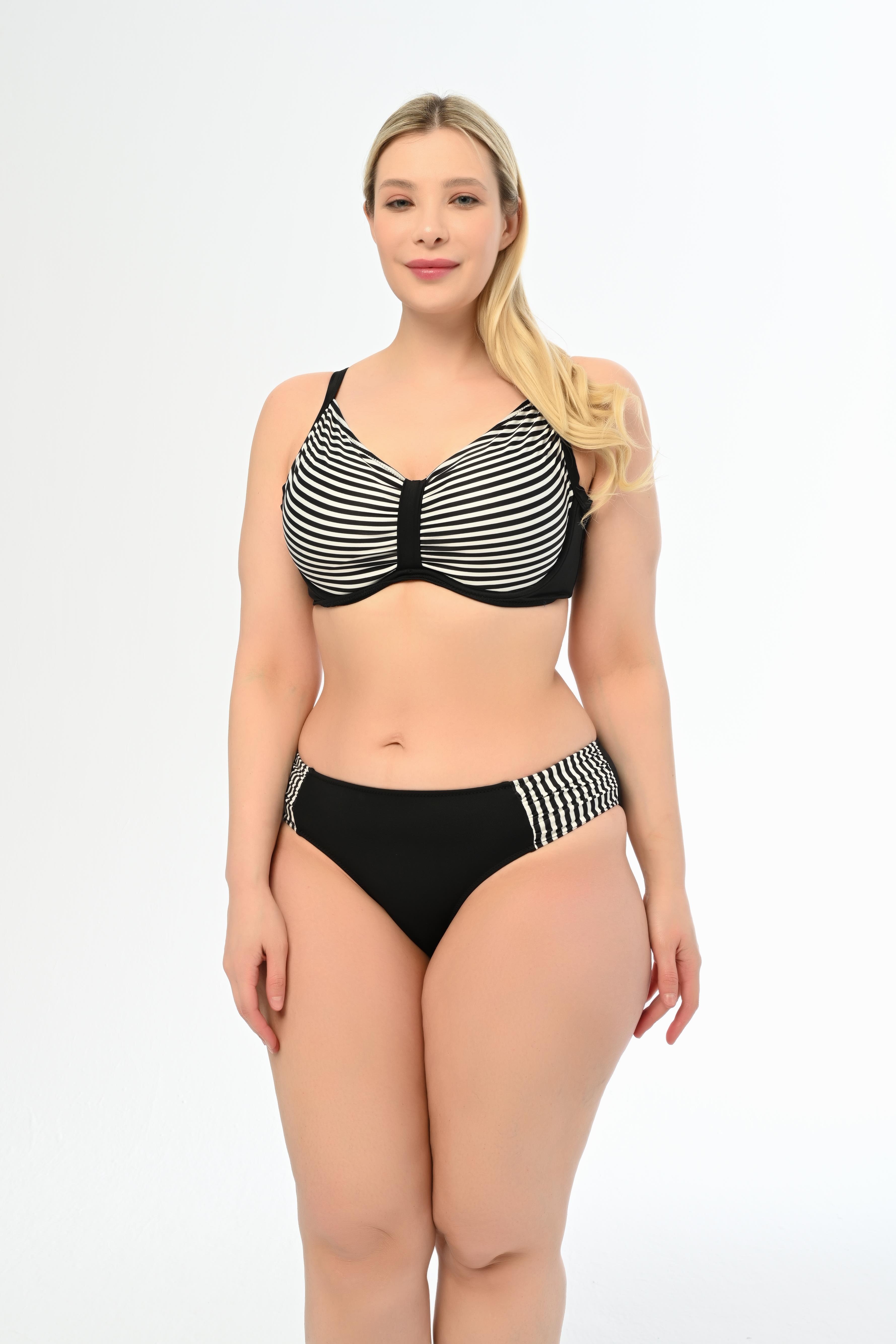 AQUAVİVA Kadın Büyük Beden Siyah Çizgili Apollonia Yeni Toparlayıcı Bikini Takımı